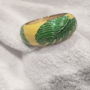 Enamel Hinged Bangle Bracelet Sequin Tropical Monstera Leaf  Yellow Green Gold